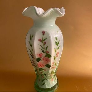 Opaline Green Cased Glass Ruffle Opening Floral Hand Painted Rose Vase Vintage